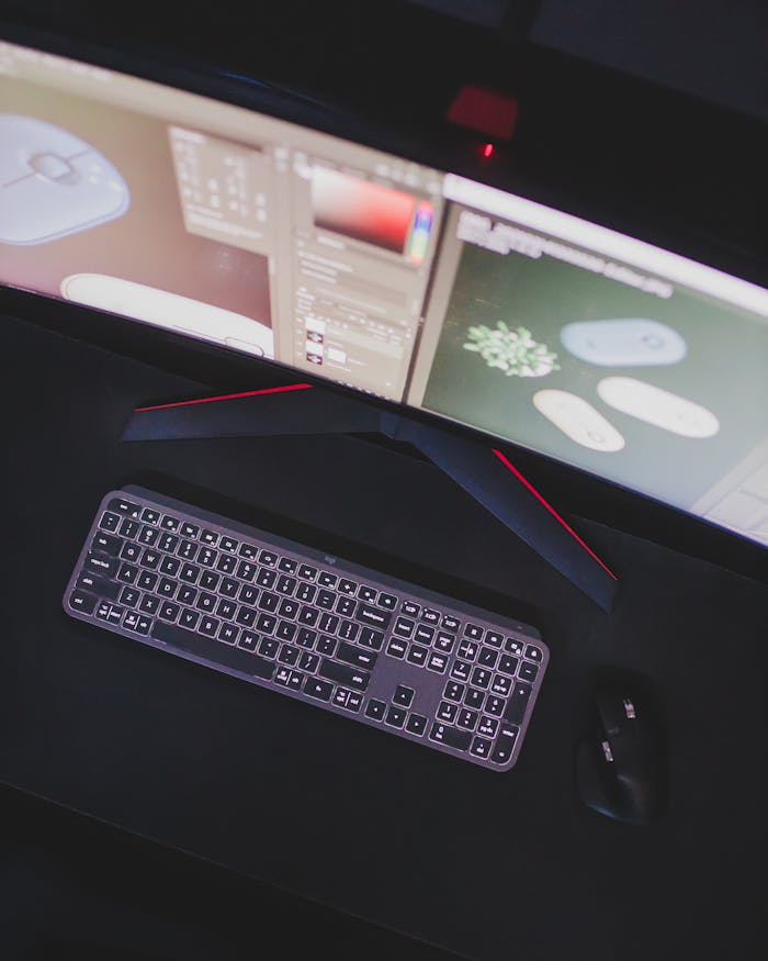 Modern computer setup featuring keyboard, mouse, and curved monitor displaying digital design software.